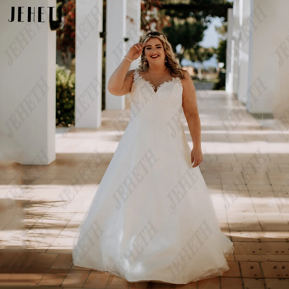 JEHETH Boho Wedding Dresses Sleeveless V-Neck A-Line Plus Size Bride Gown Beach Lace Applique Illusion Back vestidos de novia