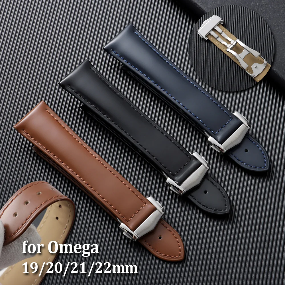 

Glossy Leather Watch Band 19mm 20mm 21mm 22mm Calfskin Strap for Omega Seamaster Speedmaster Folding Buckle Men Women Bracelets