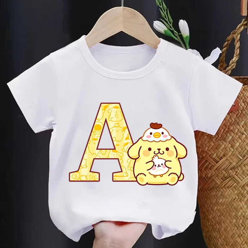 

Sanrio Pompompurin Kids Short Sleeve T-shirt Cartoon Letter Print Cotton Tees Boys Girls Summer Casual Top Kawaii Child Clothing