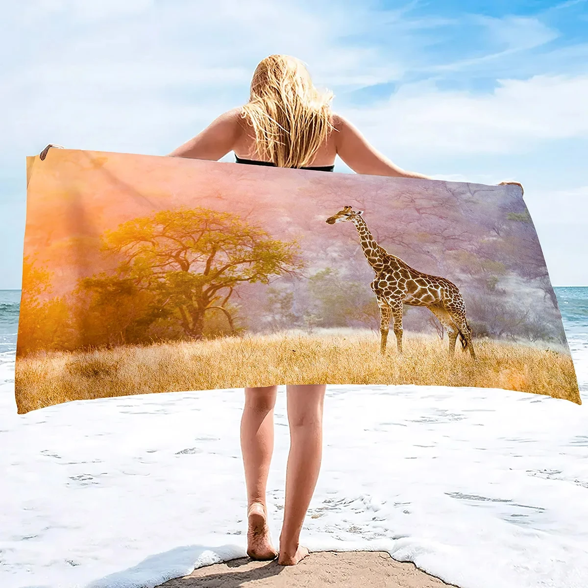 Cute Giraffe Beach Towel Oversized Wild Animal Sport Spa Towels Quick Dry Bath Towels for Swim/Surf Microfiber Bikini Cover Up