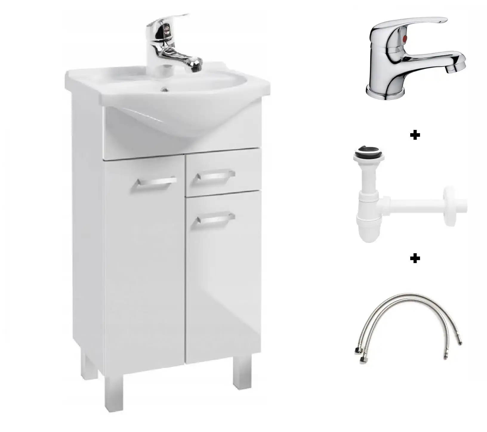 Badezimmer-Set, stehend, 50 cm, Weiß, glänzend: Schrank, Waschbecken, Batterie, Siphon
