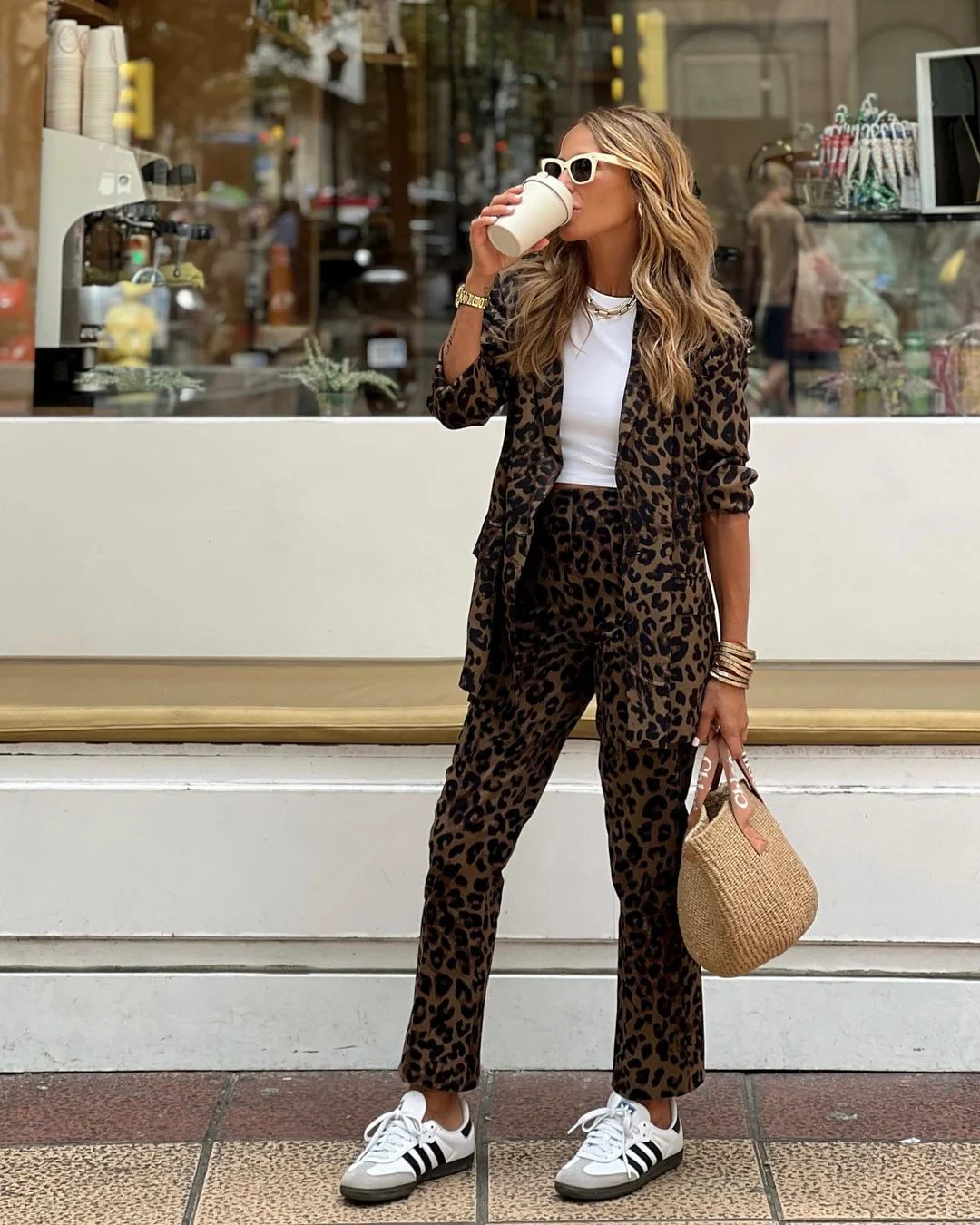 Women Leopard 2 Piece Blazer Sets Fall Long Sleeve Blazer And Slim Fit Pants Suits Y2K Street Work Office Two Piece Outfits