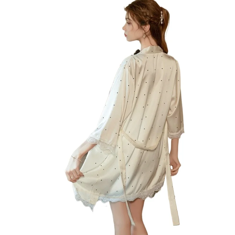 

Smooth and Soft Quick Drying Lounge Sweet Polka Dot Print Lace Splicing Plus Chest Pad Satin Suspender Nightdress Robe Home Set