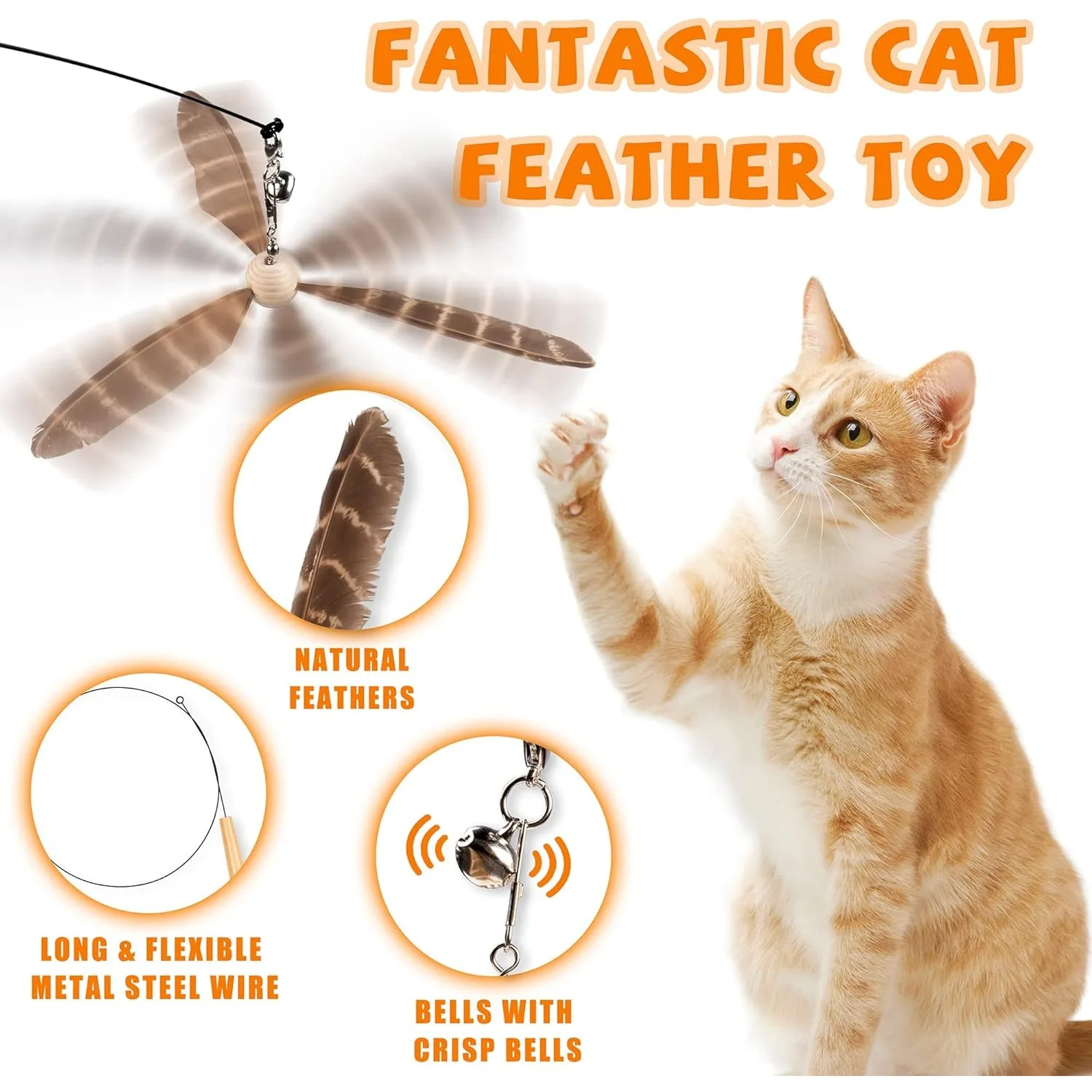 Varita interactiva de juguete para gatos con pluma y campana, caña de pescar de juguete para gatos de alambre de acero Flexible de 29 "para gatos de interior