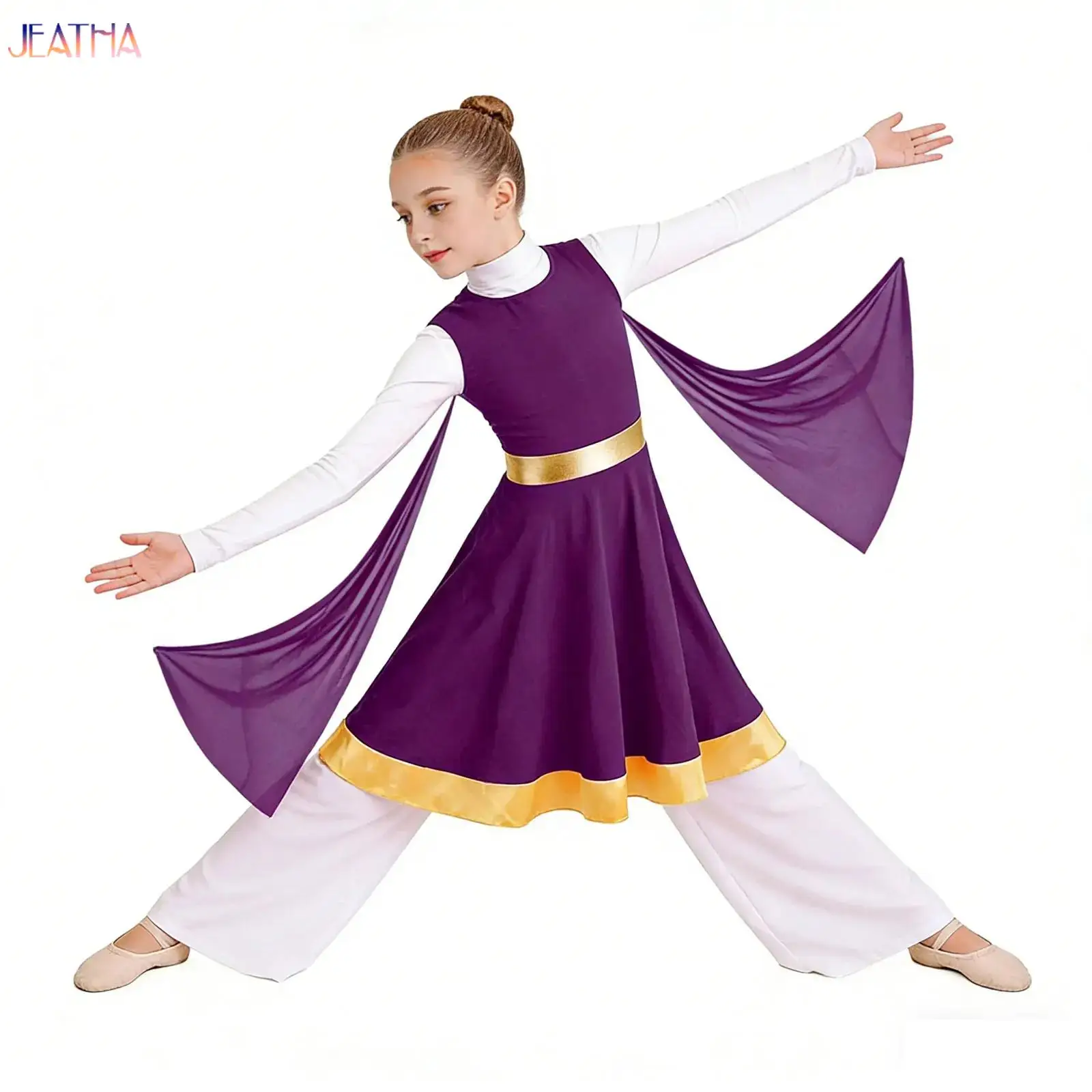 

Kids Girls Praise Lyrical Dance Dress Ballroom Dancing Church Choir Worship Performance Dancewear Sleeveless Color Block Tunic