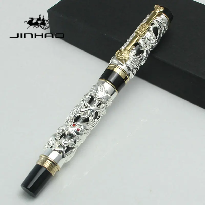 Heavy Solid Copper JINHAO Dragon Phoenix Rollerball Pen Antique Embossed Carved Smooth Signature Pen Office Daily Stationery