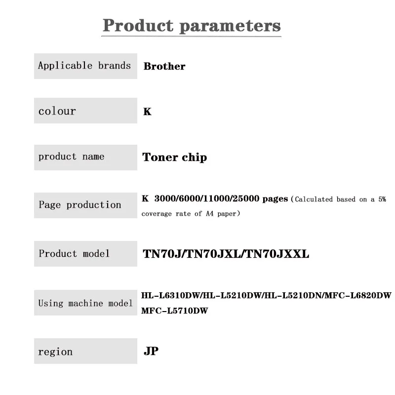 TN70J TN70JXL TN70JXXL TN71JXL  JP Toner Chip for Brother HL-L6310DW/HL-L5210DW/HL-L5210DN  MFC-L6820DW/MFC-L5710DW