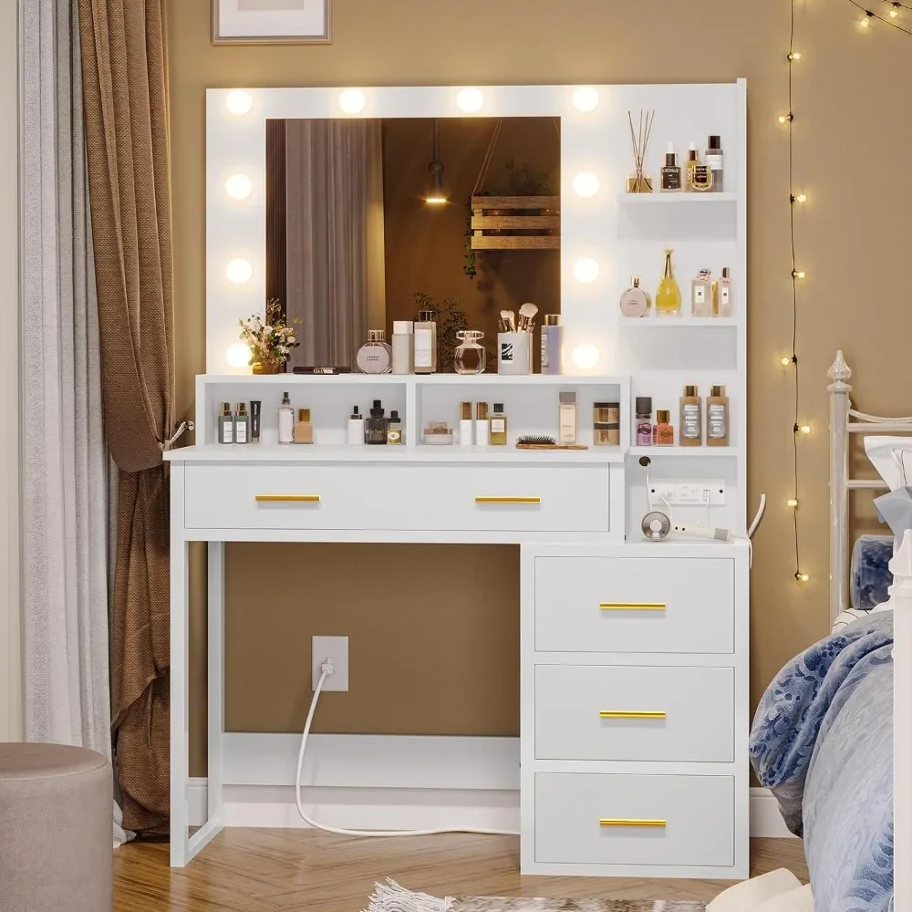 Dressing Table with Lights, Charging Station, White Dressing Table with 10 Bulbs, 3 Lighting Modes, Dressing Table - Furniture