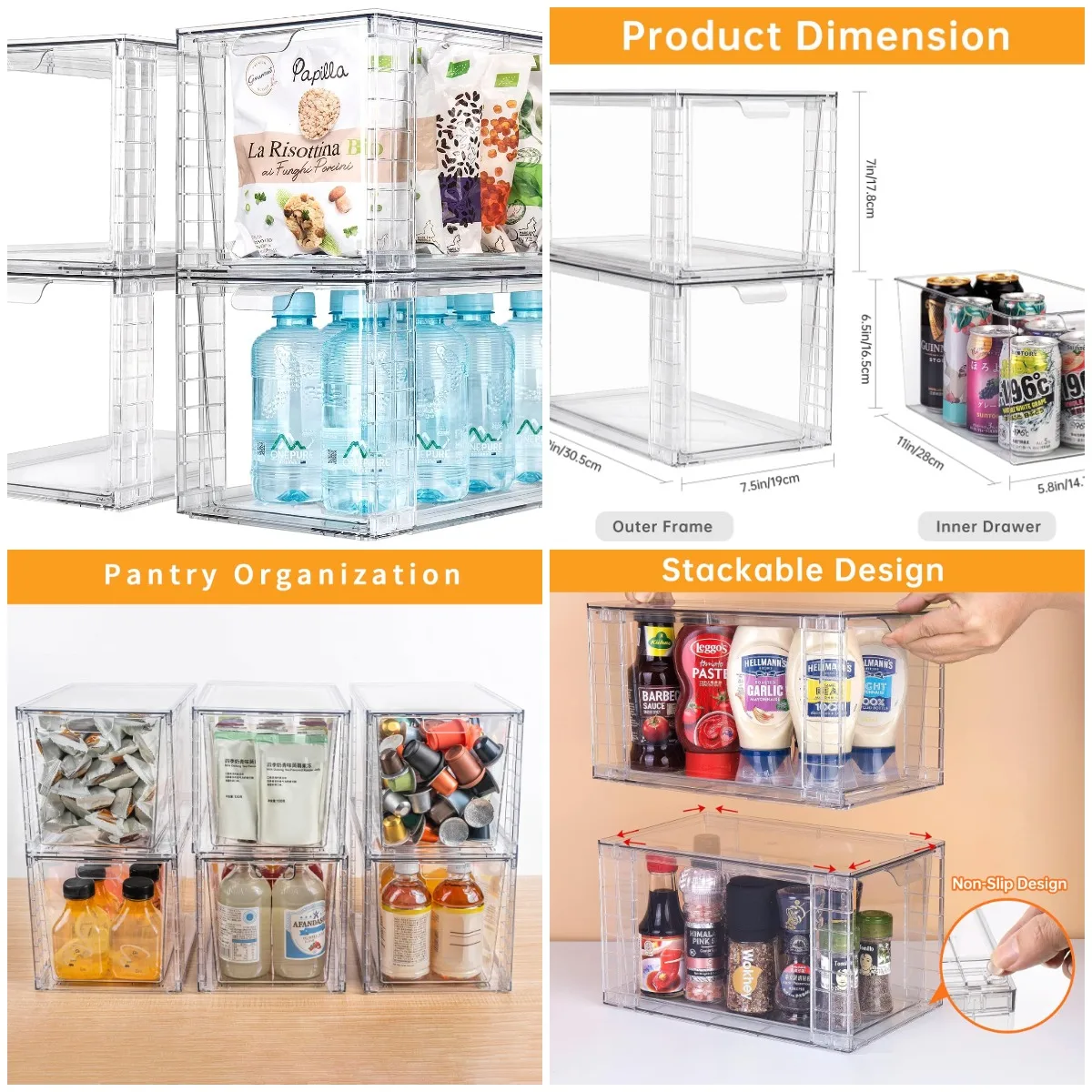 

4Pack Large Stackable Kitchen Storage Drawers, Clear Food Bins with Handles, XL-UP Handle