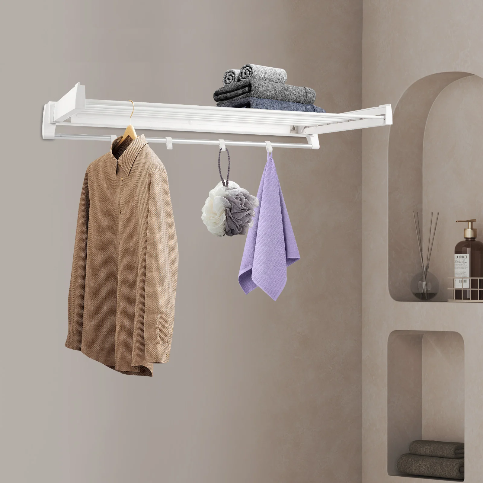 

White ABS Indoor Wall-mounted Clothes Rack Foldable Clothes Storage Rack High Load-bearing Shelf Used in Bathrooms and Balconies