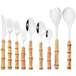 1Pc Wood Bamboo Root Handle Cutlery 304 Stainless Steel Dinnerware Serving Fork Spoon Salad Fork Spoon Coffee Spoon Tableware