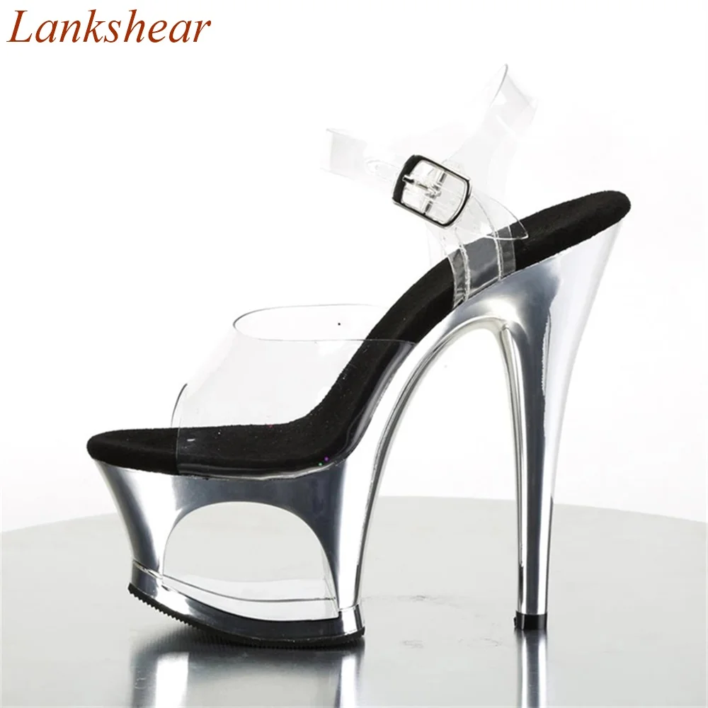 

Transparent Stiletto Heels Women Sandals 20CM Platform Buckle Strap Hollow Summer Fashion Nightclubs Slingback Diamond Shoes