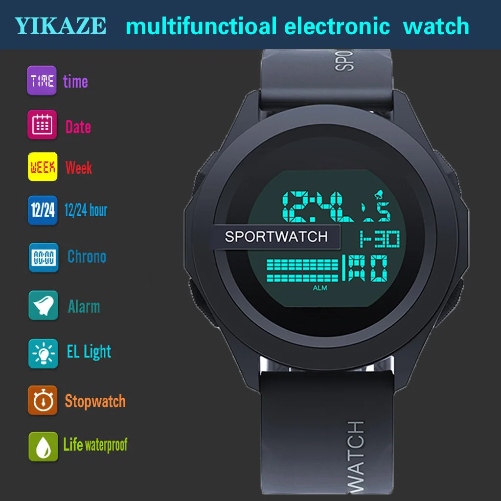 YIKAZE Men Sport LED Watches Military Men Digital Clock Multi-Functional Rubber Man Fitnes Athlete Timekeeping Electronic Watch