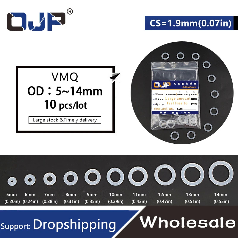 10PCS/lot Ring Silicone Oring 1.9mm Thickness OD5/5.5/6/6.5/7/7.5/8/8.5/9/9.5/10/10.5/11/11.5/12/12.5/13/14mm Seal Rubber .-.