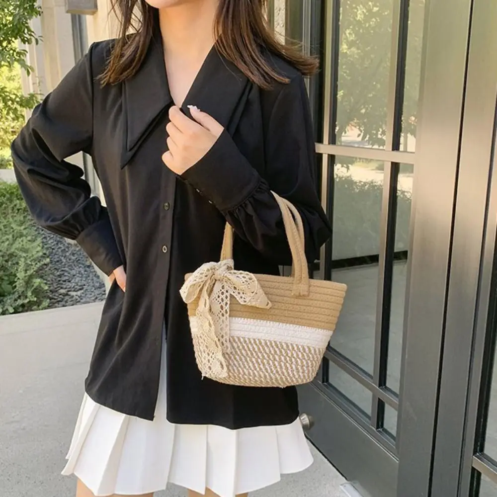 

Lace Bow Bowknot Tote Bag Stripe Cotton Rope Weave Woven Wrist Bag Storage Bag Cosmetic Makeup Bag Flower Bucket Handbag