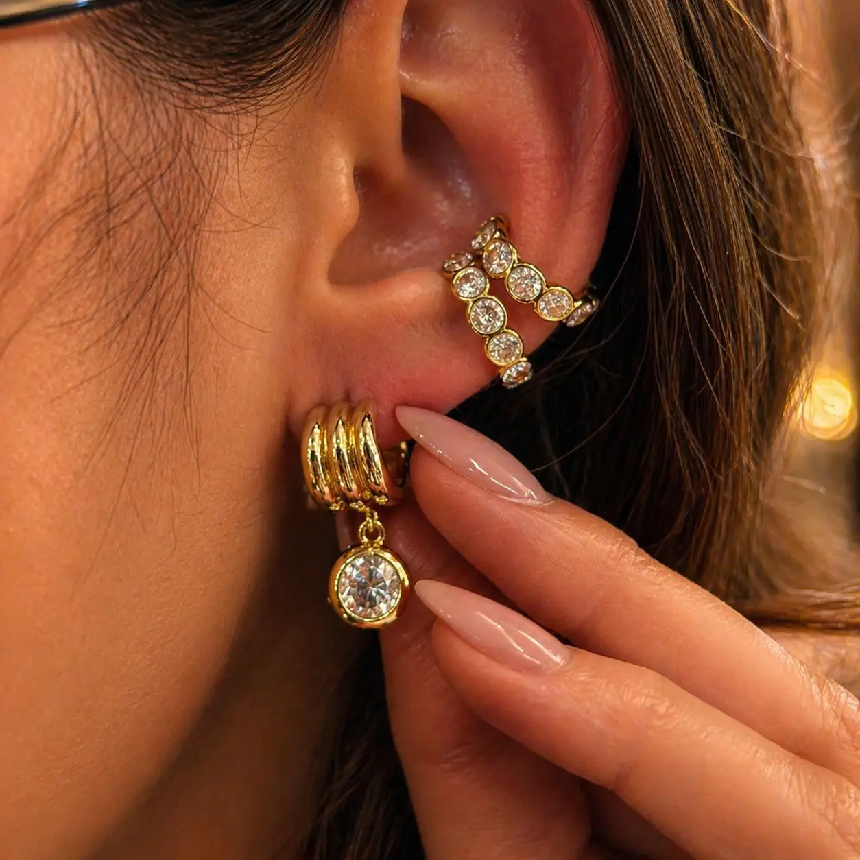 Ear Cuff Premium Stainless Steel Cubic Zirconia Paved Vintage C Shape Vertical Textured Dangling Daily Wear Women Jewelry