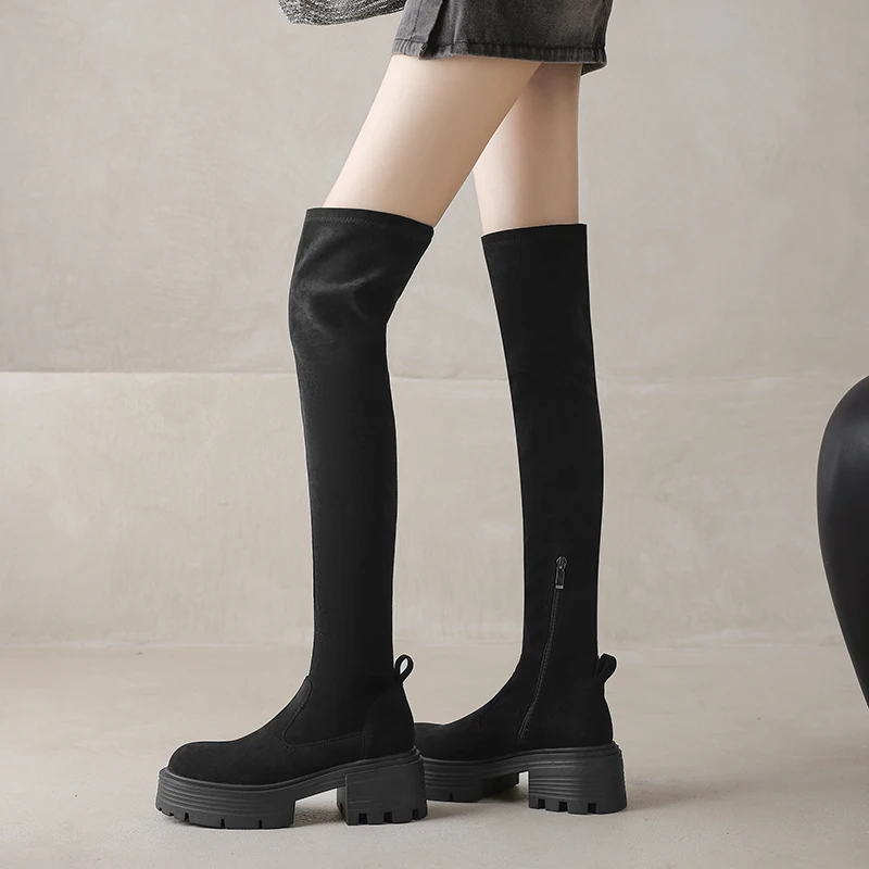 

Женские эластичные сапоги выше колена на толстой подошве, новинка осень-зима 2025, замшевые длинные сапоги до бедра с ремешком на толстом каблуке