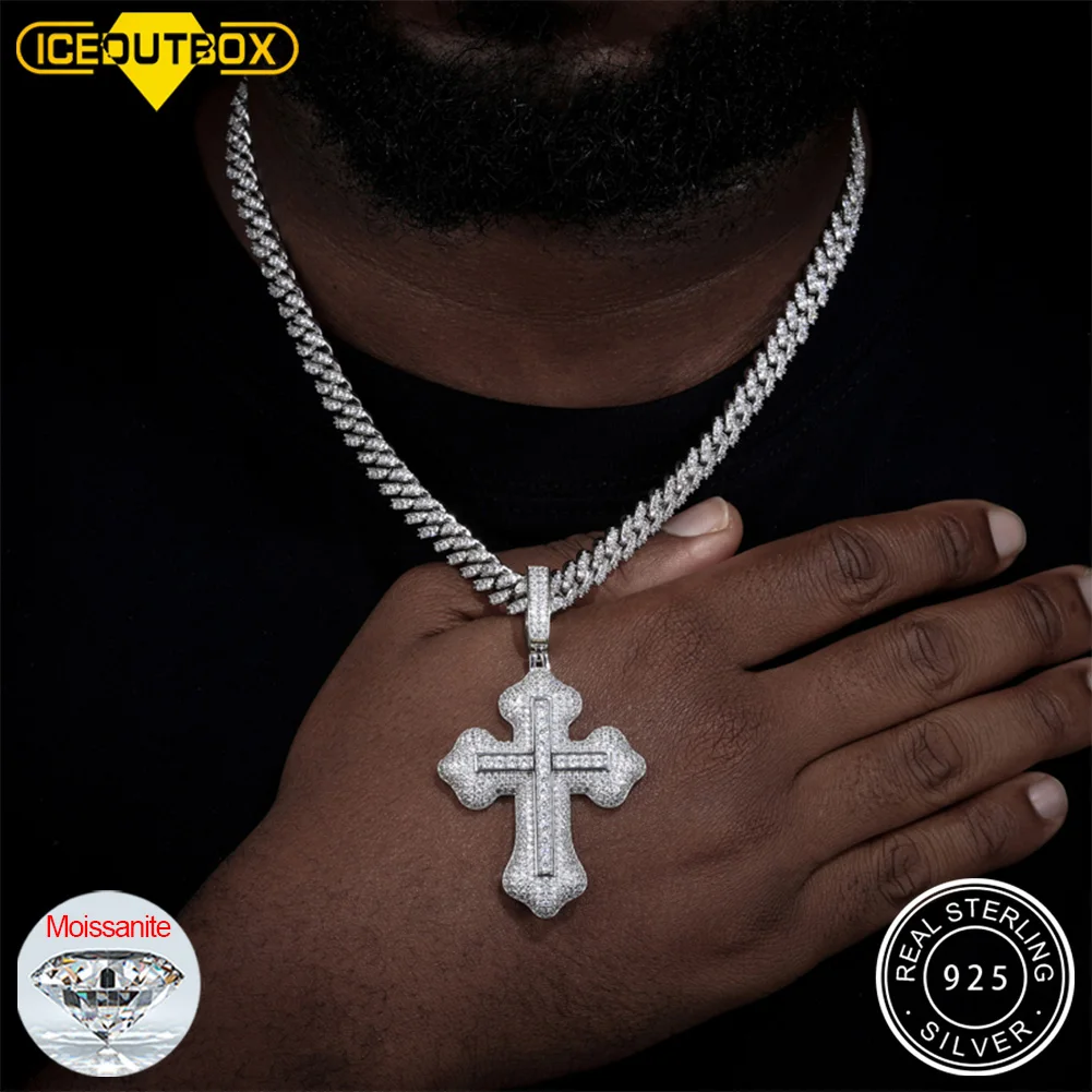 Luxury Full Diamond Iced Out Cross Pendant Necklaces for Men 925 Sterling Silver D VVS Moissanite Hip Hop Rock Jewelry Gifts