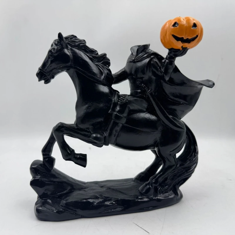 Cartoon Headless Horseman Knight Holding Pumpkin Resin Statue Horror Desktop Model Home Decor Sculpture Gift