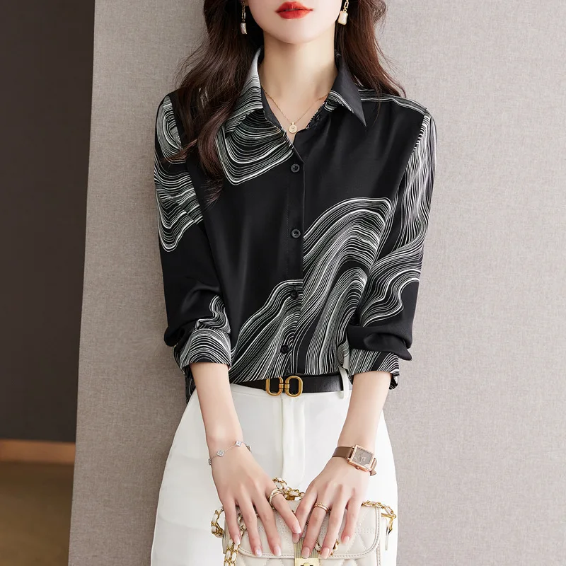 Women's Spring Clothing 2025 New Design Niche Printed Chiffon Fashionable Small Shirt Long Sleeve Top