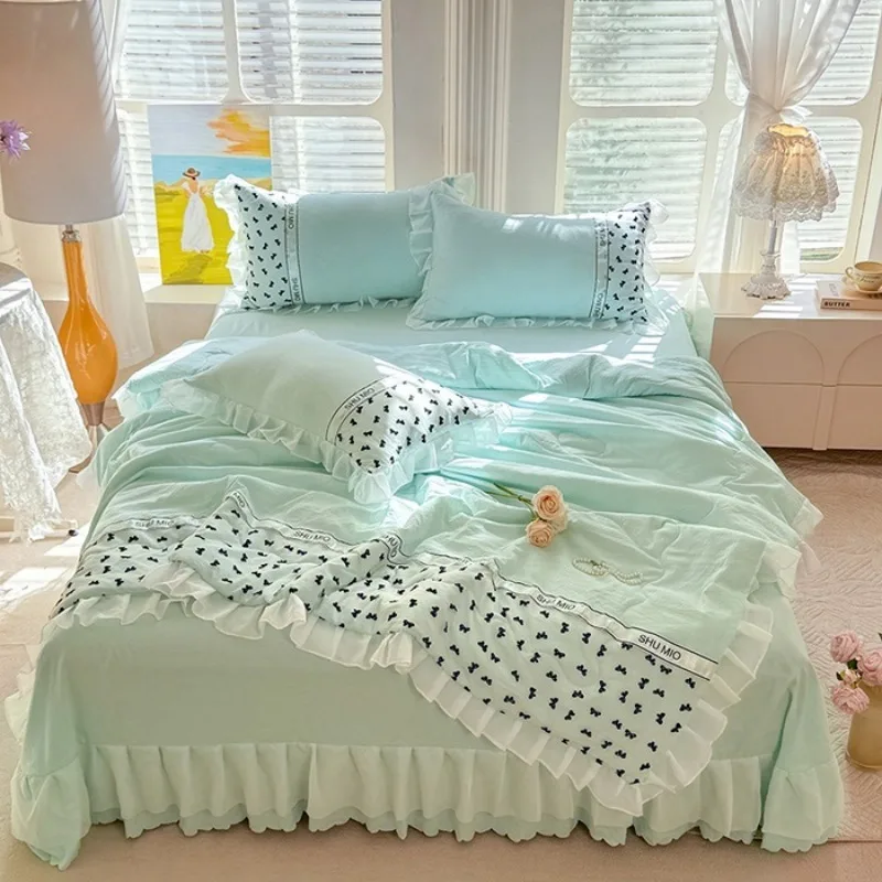 2025 Little Fresh Princess Wind Washed Cotton Summer Quilt Four-piece Bed Skirt Printed Lace Home