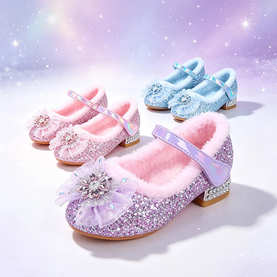 Fancy Little Girls Winter Warm Sequins Princess Dress Up Shoes Halloween Cosplay Christmas Masquerade Elegant Party Luxury Shoe