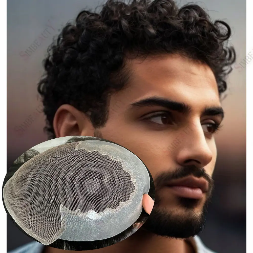 

Мужской парик (тупе) из натуральных волос, 15/20/25 мм, с дышащим кружевом и полиуретановой основой Q6, кудрявый # Система замещения волос для мужчин 1B