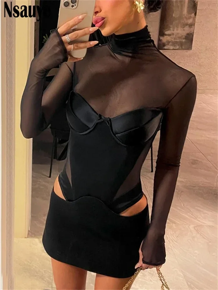 Nsauye Pullover Sexy Women Mesh Turtleneck Long Sleeve Satin Cut Out Dress Bodycon Short Club Evening Fashion Party Dress 2024