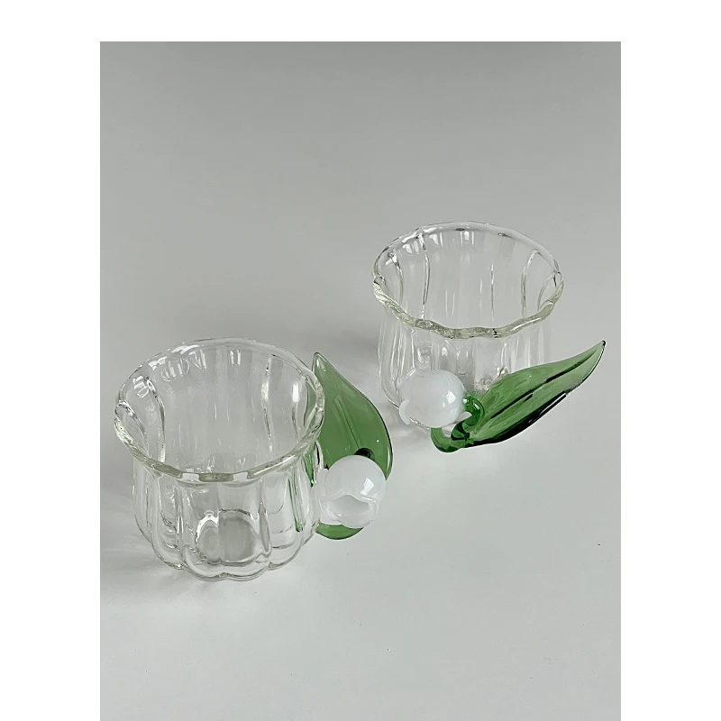 Lily of The Valley Glass Lovely Cup Home Office Glass Milk Coffee Cup Tea Cup Bell Orchid Handle Small Cup Wine Glass Set Cute