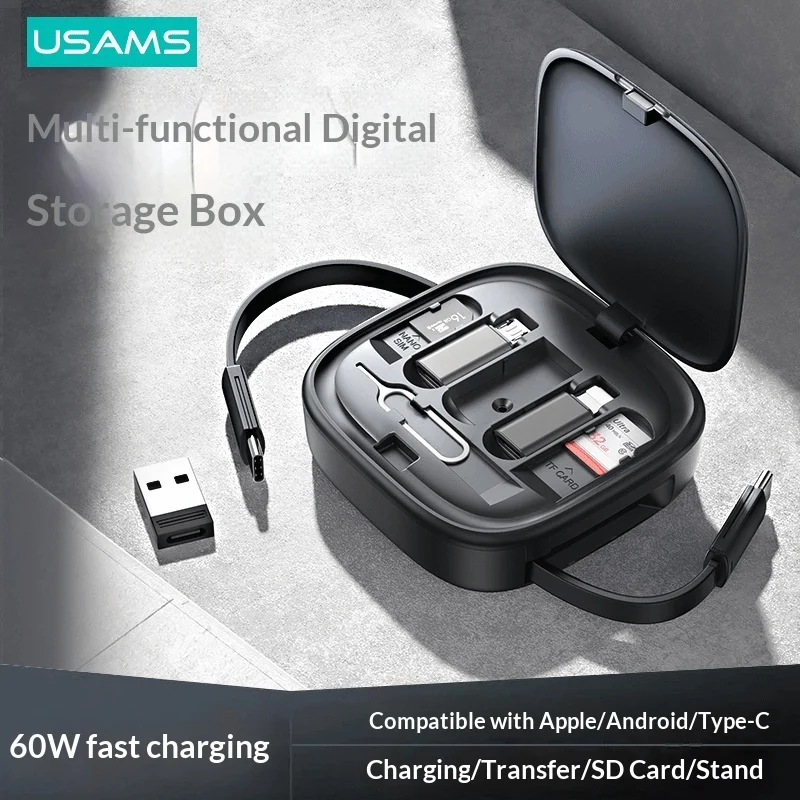 USAMS Multifunctional Data Cable 60W Fast Charging Usb To Type C To Lightning Storage Box Memory Card Holder Phone Stand Travel