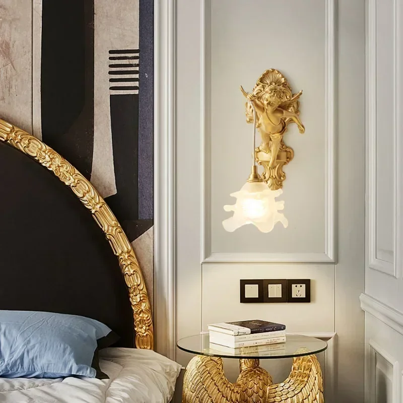 French Vintage Style Copper Angel Hanging Flower Crystal Art Wall Lamp Palace Corridor Entrance Porch Balcony Bedside Led Lights