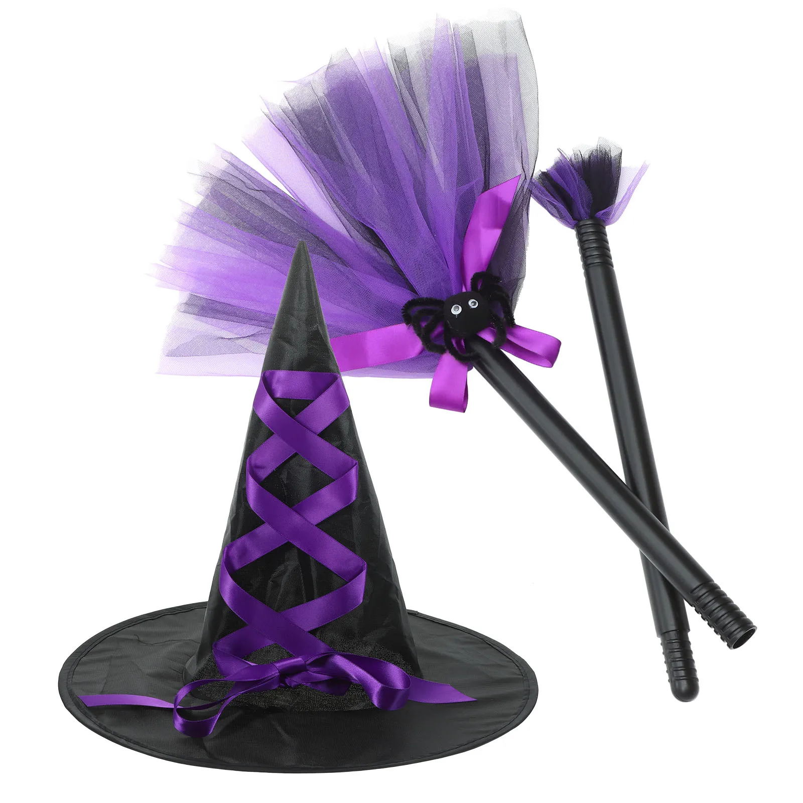 1Set Halloween Witch Hat Cosplay Set Decorative Witch Broom Prop Party Dress-Up Masquerade Gift Witches Broom Witches Hat