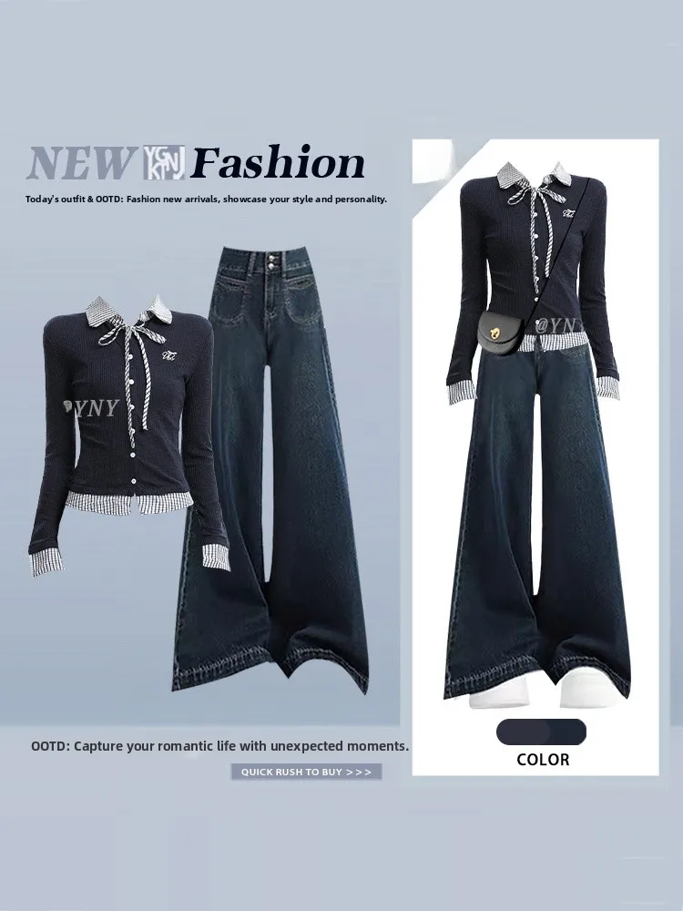 

Комплект из двух предметов: джинсы с высокой талией и контрастными вставками и топ для женщин, весенняя мода, большие размеры, для фигуры типа «груша»