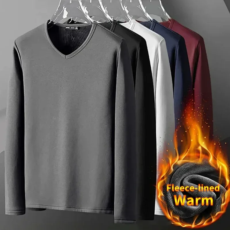 

Winter men's warm and plush underwear, thick and plush long sleeved T-shirt, round neck slim fit autumn jacket, base shirt