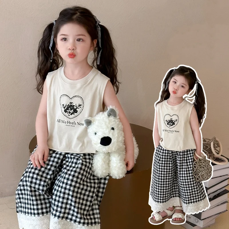 

New Summer Baby Girls Clothes Set Child Two Pieces Sets Of Vest Top+Pants Bottom Sweetheart Summer Casual Clothing Set Size 2-9Y