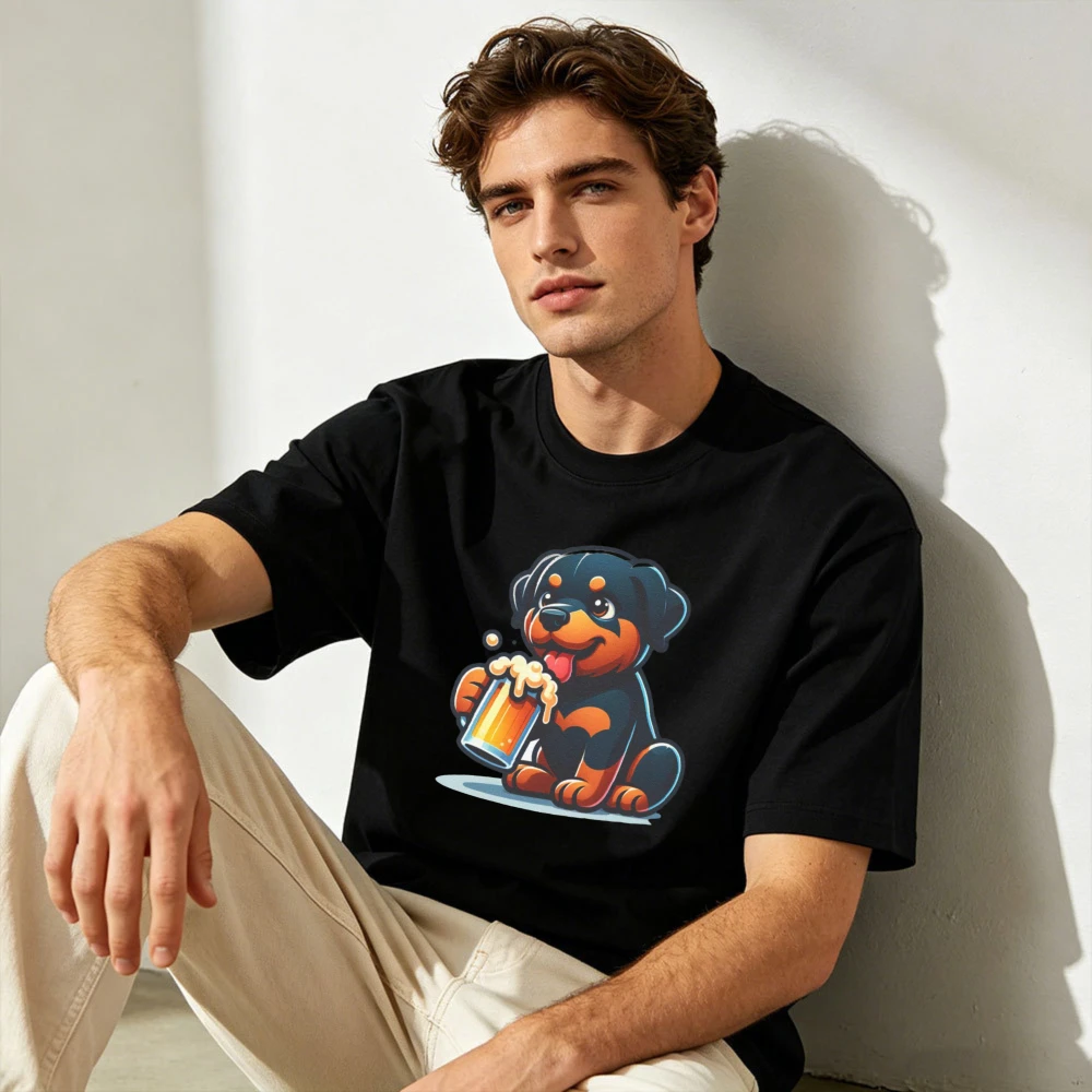 Camiseta con estampado de cachorro de Rottweiler, camiseta con estampado de cachorro de dibujos animados que bebe cerveza, camiseta divertida para amantes de los perros, camiseta de regalo para hombres, camisetas de verano Unisex