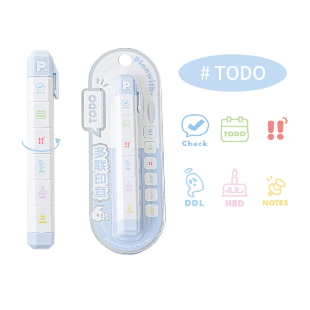 Cute Cartoon To Do List Journal Stamp Self-ink 6 Patterns Seal Pen Detachable Portable Diary Seal Kids Gift School Stationery