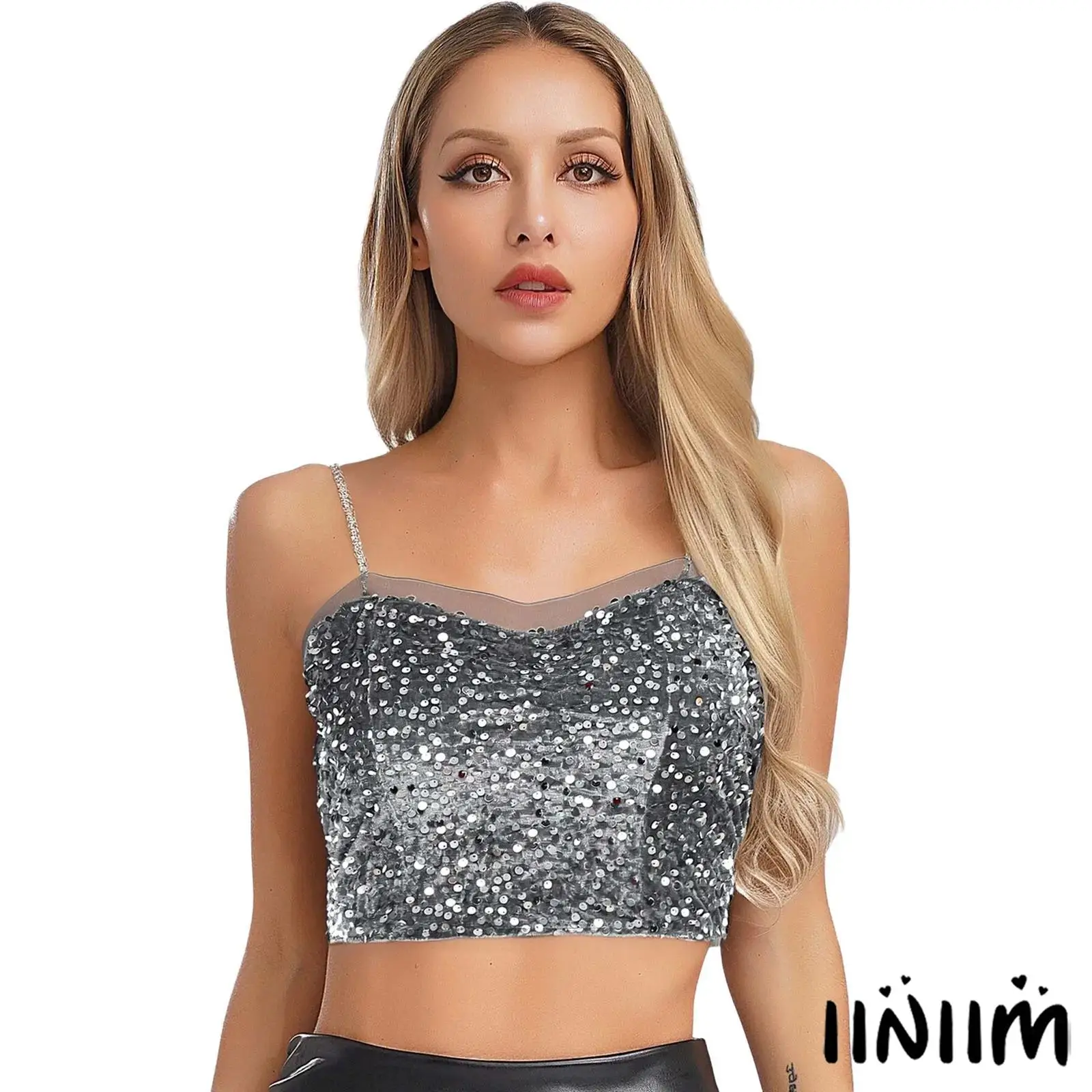 

Womens Y2K Sequin Velvet Camisole Top Chain Shoulder Strap Glam Top Built-in Pads Elastic Back for Christmas Party Club Wear