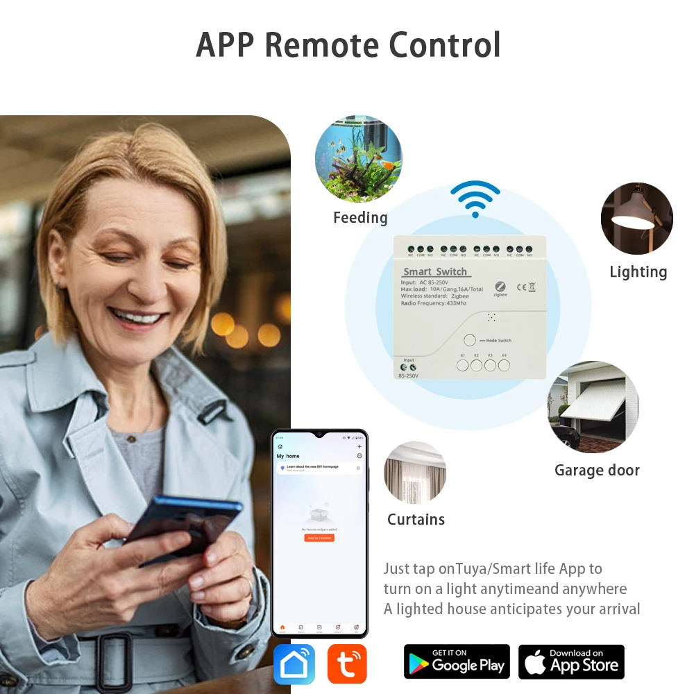 Zigbee 3.0 Gateway 4CH RF saklar pintar, sakelar cahaya kendali jarak jauh WIFI 12V 24V 110V 220V 10A penguncian otomatis