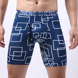 Printed Men's Ice Silk Long Leg Boxers Shorts Breathable Pouch Underwear Trunks Underpants Sports Gym Male Stretch Panties