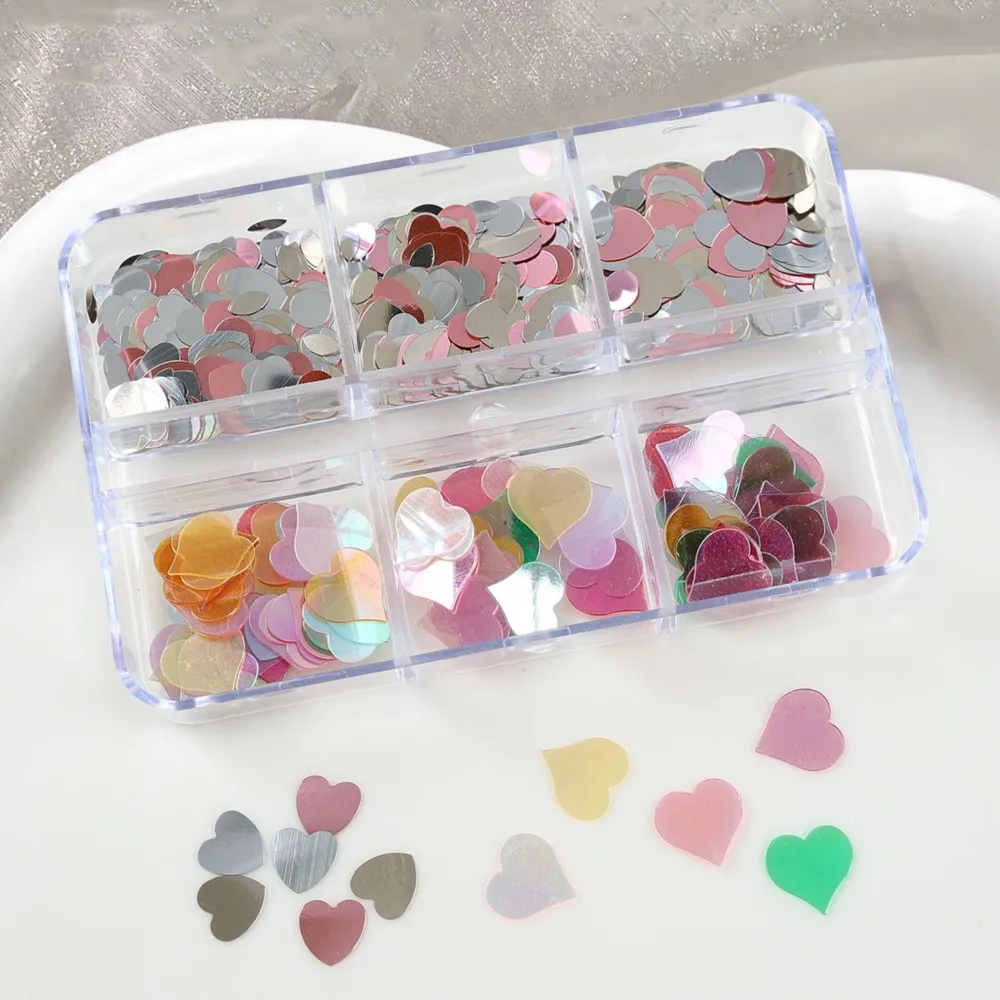 6 Grids Shiny Iridescent Heart Nail Sequins Holographic Metallic Marquise Round Love Paillette Glitter Flakes Manicure Suppliers