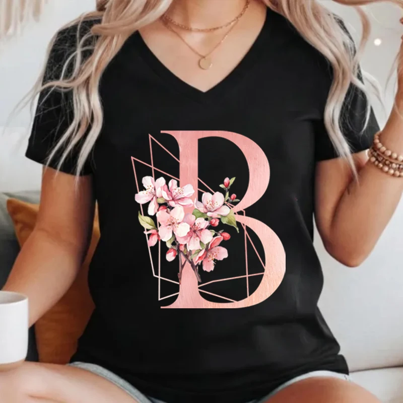 Pink Sakura Letter A-Z Print T-Shirt 26 Initials Graphic Tee Summer V-Neck Casual Tops Cherry Blossom Lover 26 Alphabet Y2K Tops