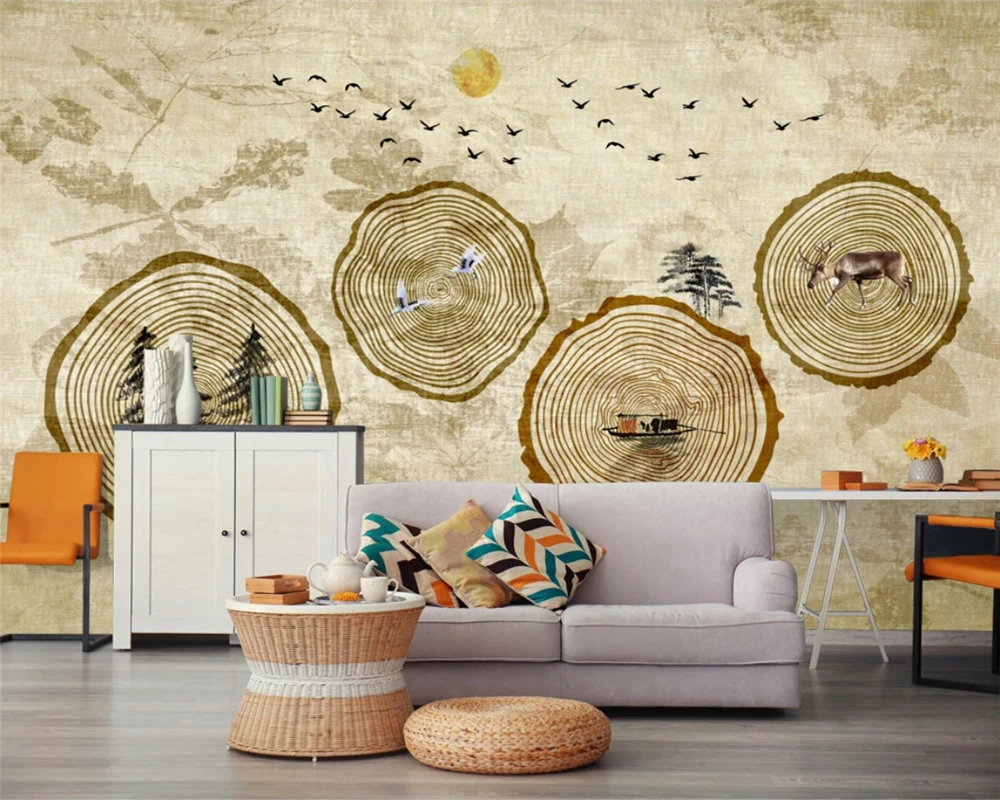 

Пользовательские 3D современный минималистский новый китайский дерево кольцо дерево лось лодка ретро гостиная ТВ фон стены спальня обои фреска 8d