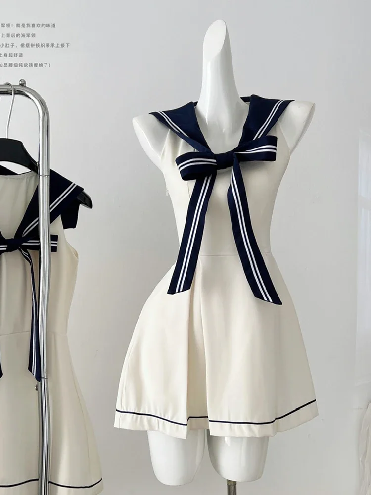 Summer French Vintage Sleeveless 2000s Aesthetic Mini Bow Sailor Collar Dress Women Gyaru Preppy Frocks One-Piece Evening Party