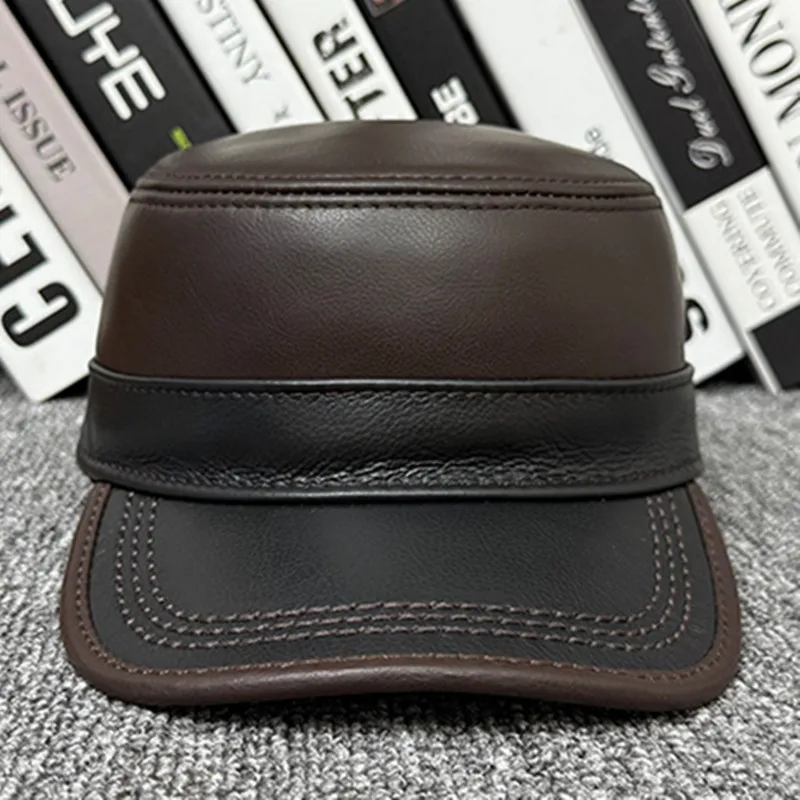 2026-new-autumn-winter-cowhide-warm-military-hats-for-men-flat-caps-personality-brands-genuine-leather-cap-golf-cap-snapback-cap