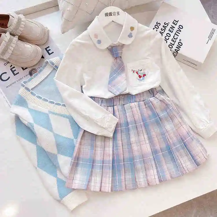 3Pcs Girls Cardigan Student Jk Uniform Plaid Skirt Spring Autumn College Style Suit Sweet Child Dress High-Quality Shirt Sweater