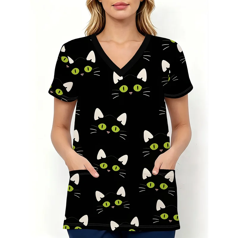 Women's Work Top with Fun Black Cat Halloween Print – V-Neck, Short-Sleeve Style with Practical Pockets
