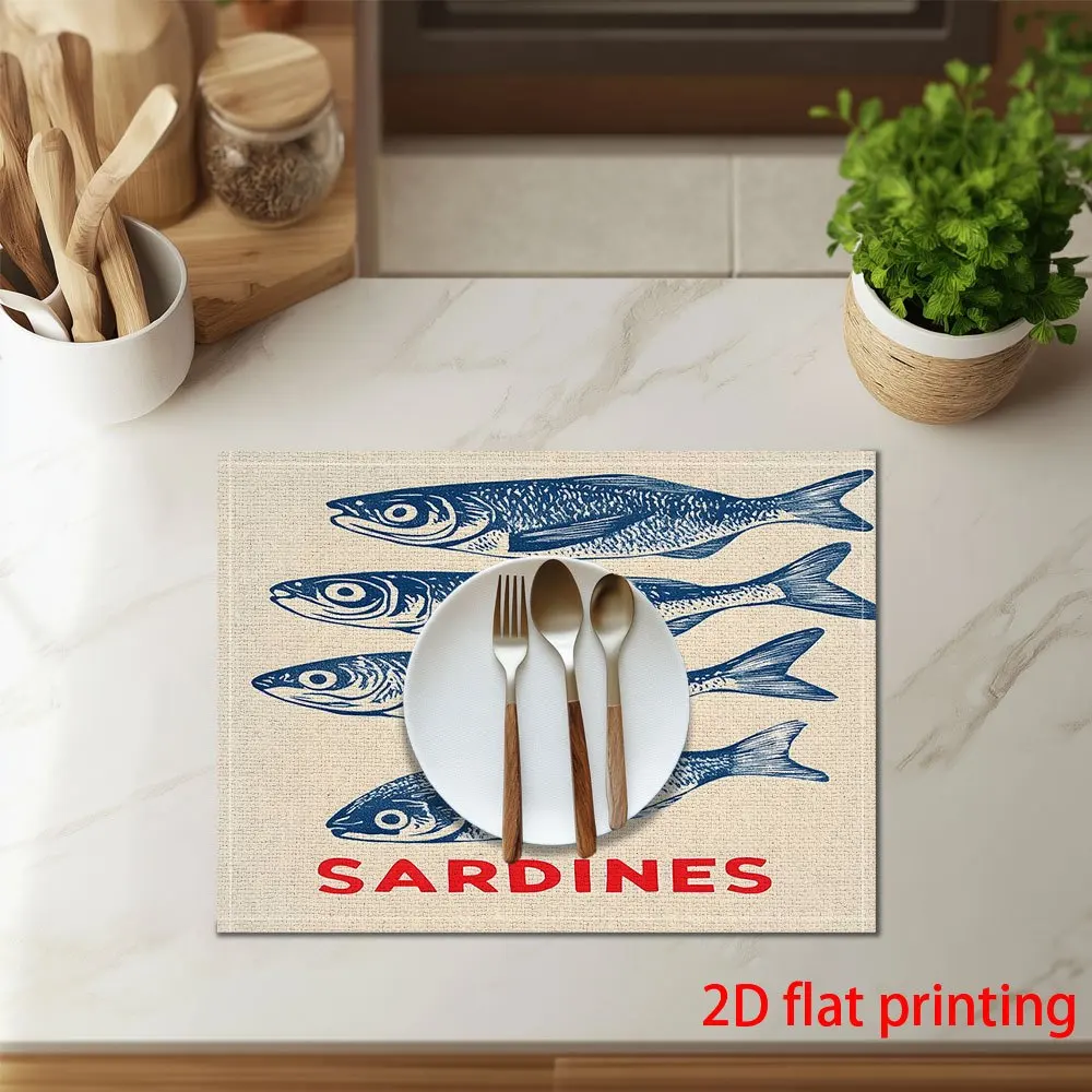 Blue Print Sardines Illustration Placemats Heat Resistant Dining Table Mat Room Decor Table mats