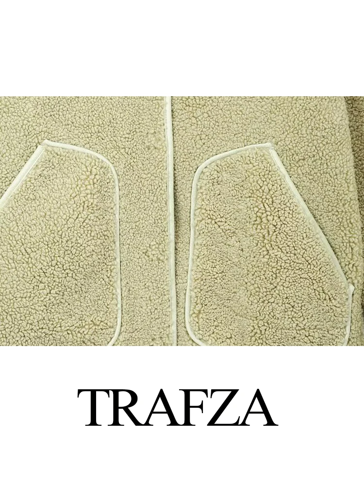 TRAFZA 여성용 겨울 패션 심플 캐주얼 램 플리스 재킷, 레트로 우아한 라운드넥 포켓 긴팔 따뜻한 외투