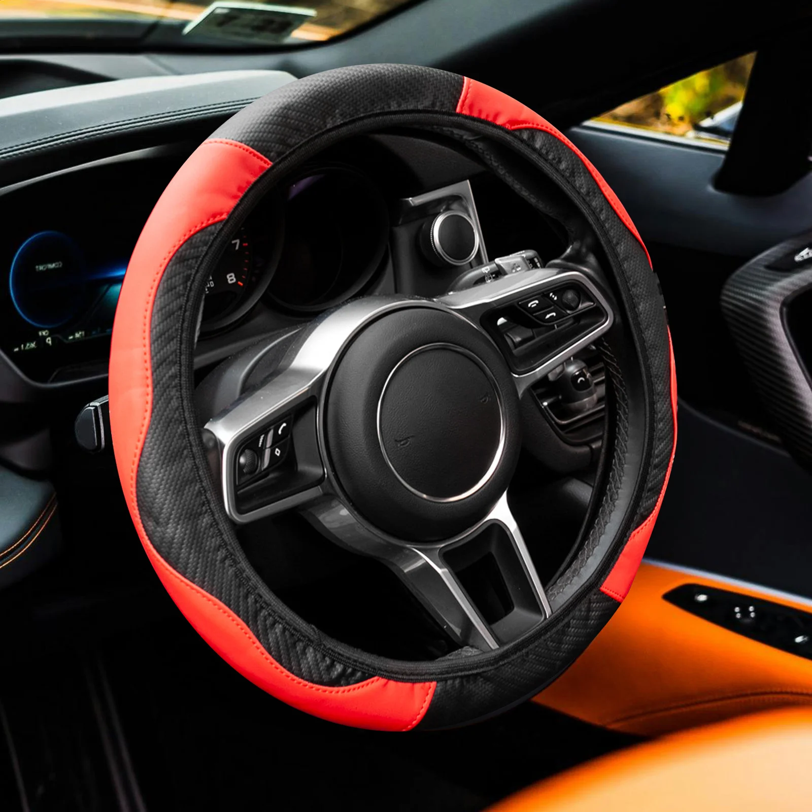 

Artificial Carbon Fiber Steering Wheel Cover Elastic Universal Anti-Slip Car Steering Wheel Sleeve for All Season